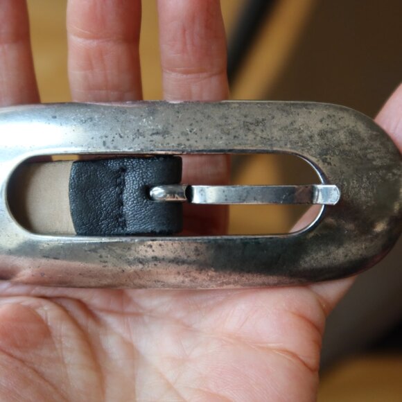Streets Ahead belt black leather and large oval silver buckle size ITALY $185 S main image 10
